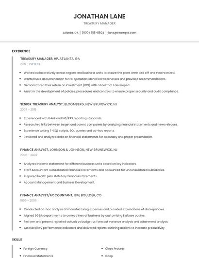 Treasury Manager Resume