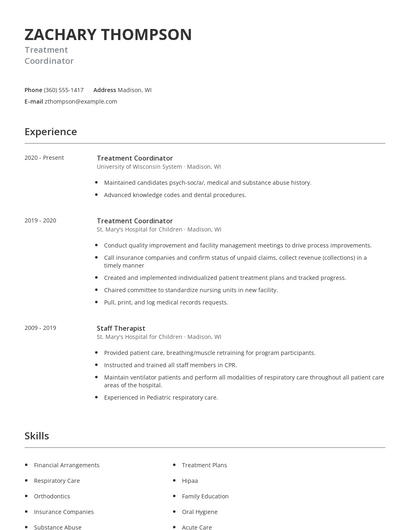 Treatment Coordinator Resume