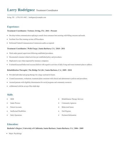 Treatment Coordinator Resume