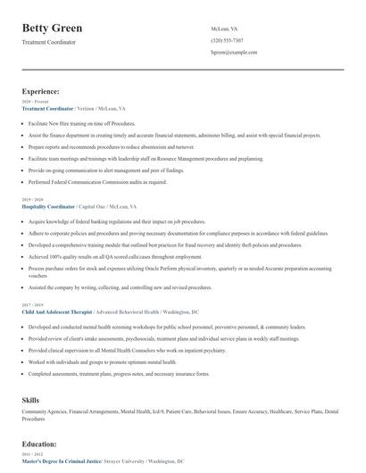 Treatment Coordinator Resume