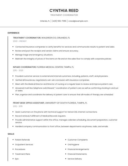 Treatment Coordinator Resume
