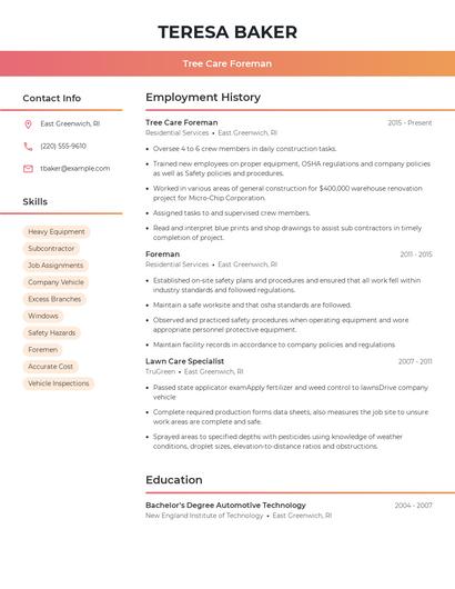 Tree Care Foreman Resume