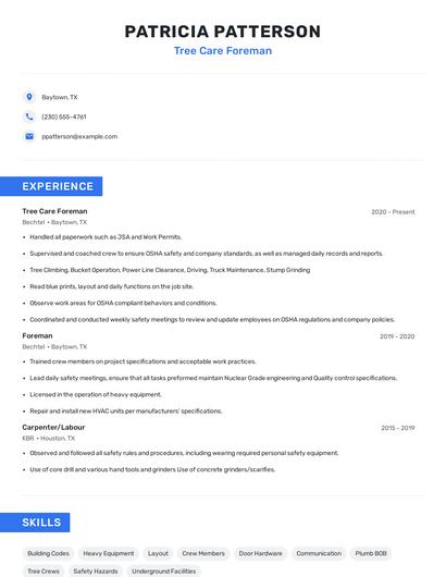 Tree Care Foreman Resume