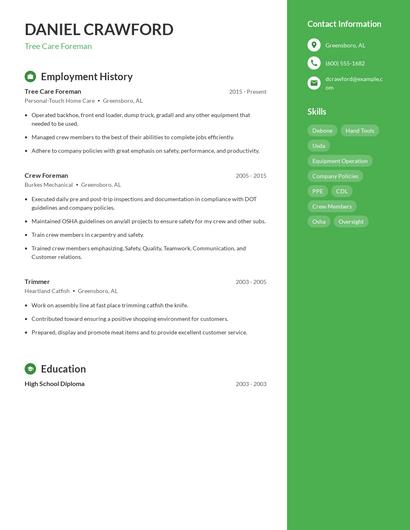 Tree Care Foreman Resume