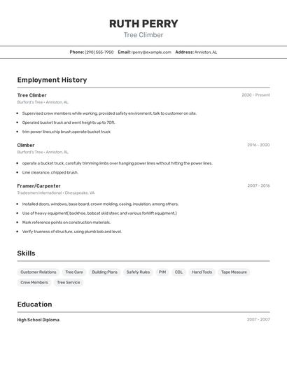 Tree Climber Resume