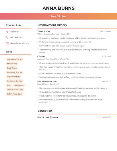Tree Climber Resume
