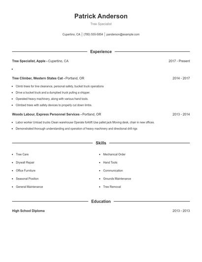 Tree Specialist Resume