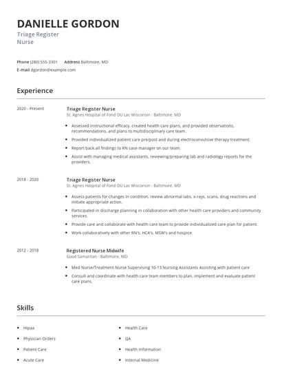 Triage Register Nurse Resume