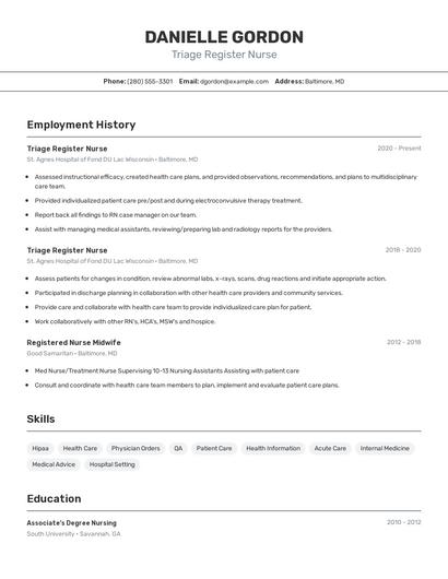 Triage Register Nurse Resume