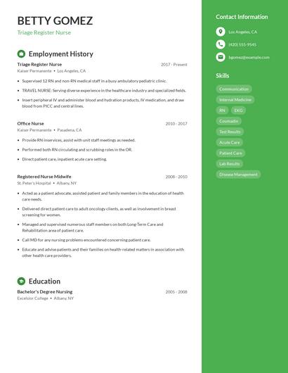 Triage Register Nurse Resume