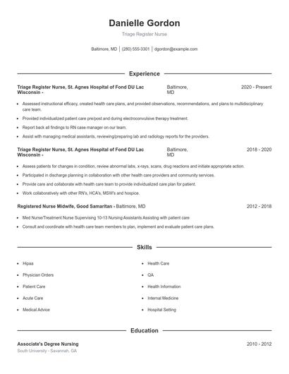 Triage Register Nurse Resume
