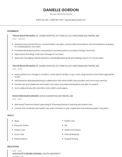 Triage Register Nurse Resume
