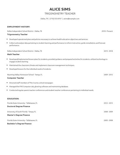 Trigonometry Teacher Resume