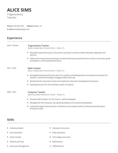 Trigonometry Teacher Resume