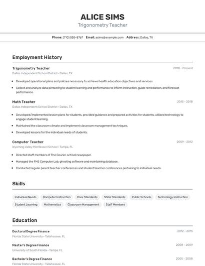 Trigonometry Teacher Resume