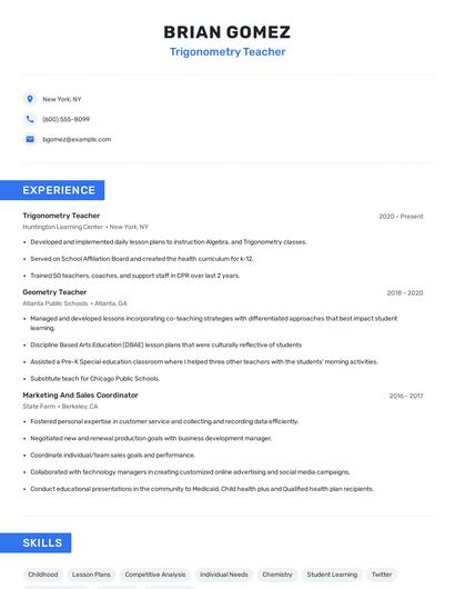 Trigonometry Teacher Resume
