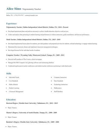 Trigonometry Teacher Resume