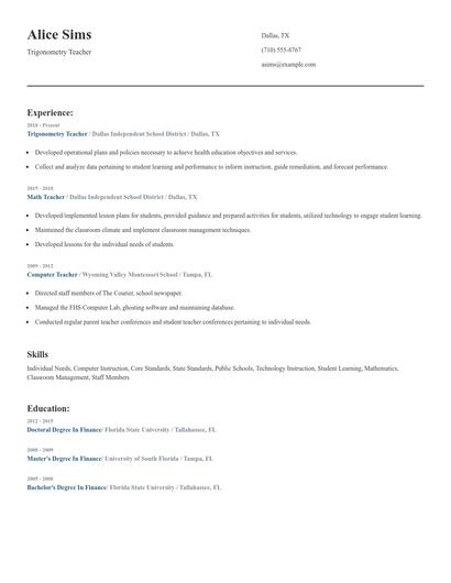 Trigonometry Teacher Resume