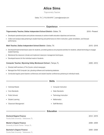 Trigonometry Teacher Resume