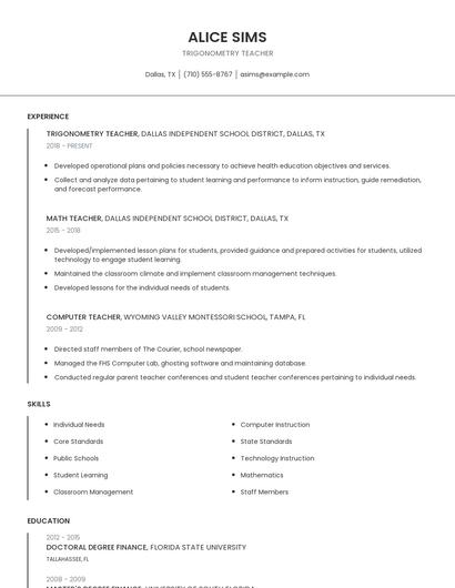 Trigonometry Teacher Resume