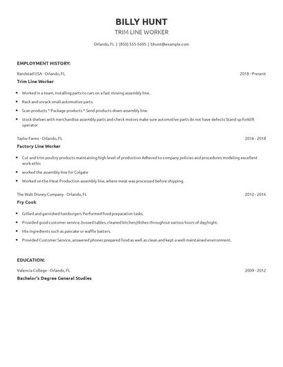Trim Line Worker Resume