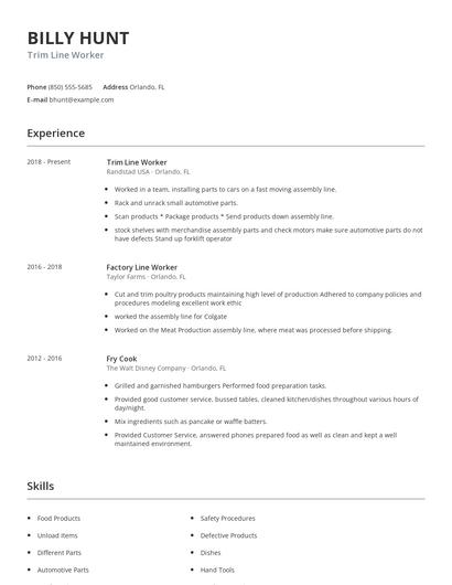 Trim Line Worker Resume