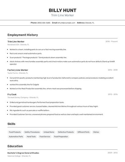 Trim Line Worker Resume