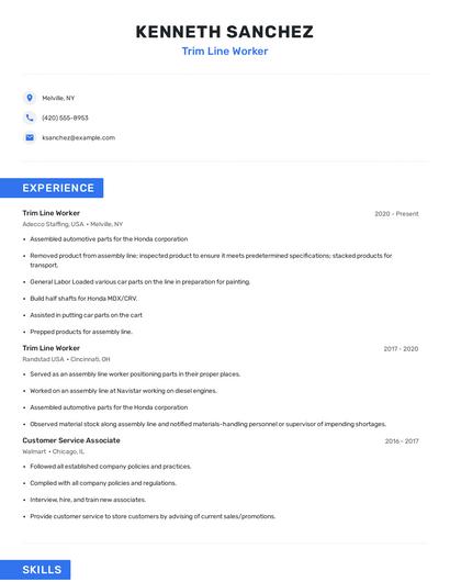 Trim Line Worker Resume
