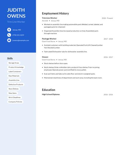 Trim Line Worker Resume