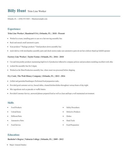 Trim Line Worker Resume