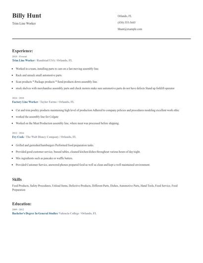Trim Line Worker Resume