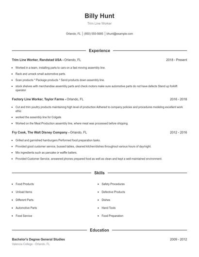 Trim Line Worker Resume