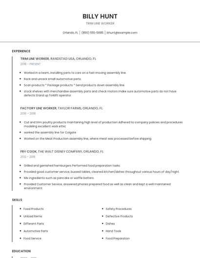 Trim Line Worker Resume