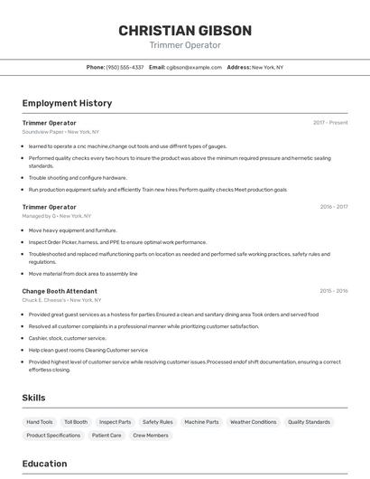 Trimmer Operator Resume