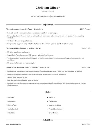 Trimmer Operator Resume