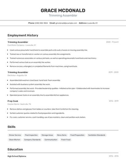 Trimming Assembler Resume