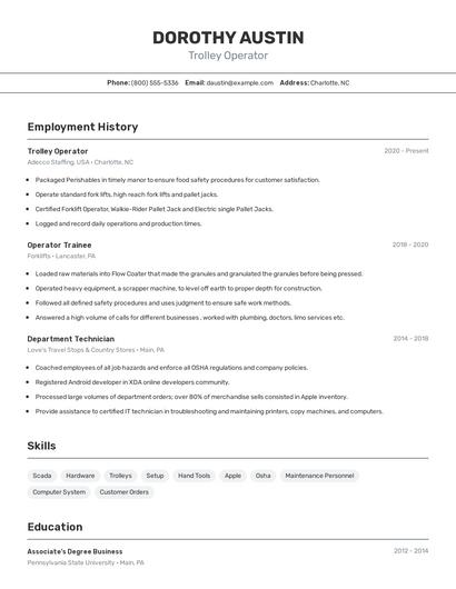Trolley Operator Resume