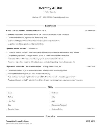 Trolley Operator Resume