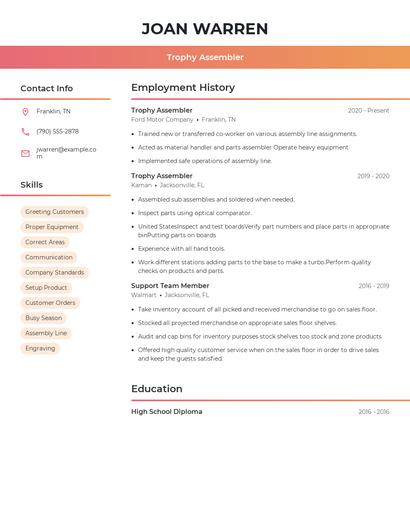 Trophy Assembler Resume