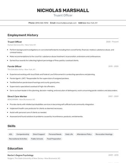 Truant Officer Resume