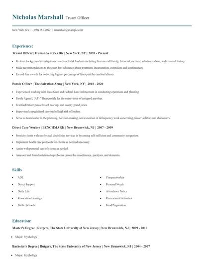 Truant Officer Resume