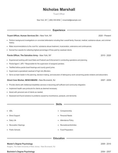 Truant Officer Resume