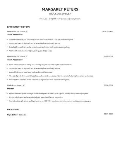 Truck Assembler Resume