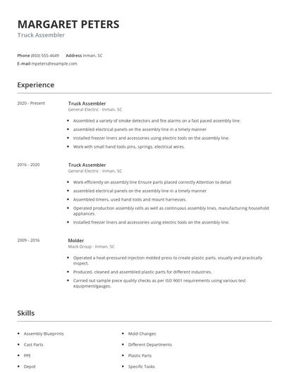 Truck Assembler Resume