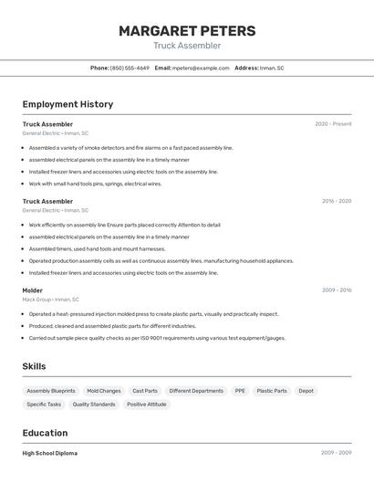 Truck Assembler Resume