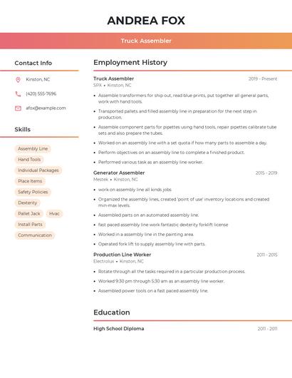Truck Assembler Resume