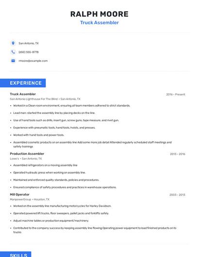 Truck Assembler Resume