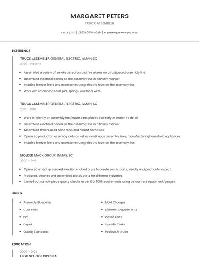 Truck Assembler Resume