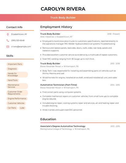 Truck Body Builder Resume