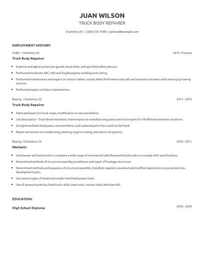 Truck Body Repairer Resume